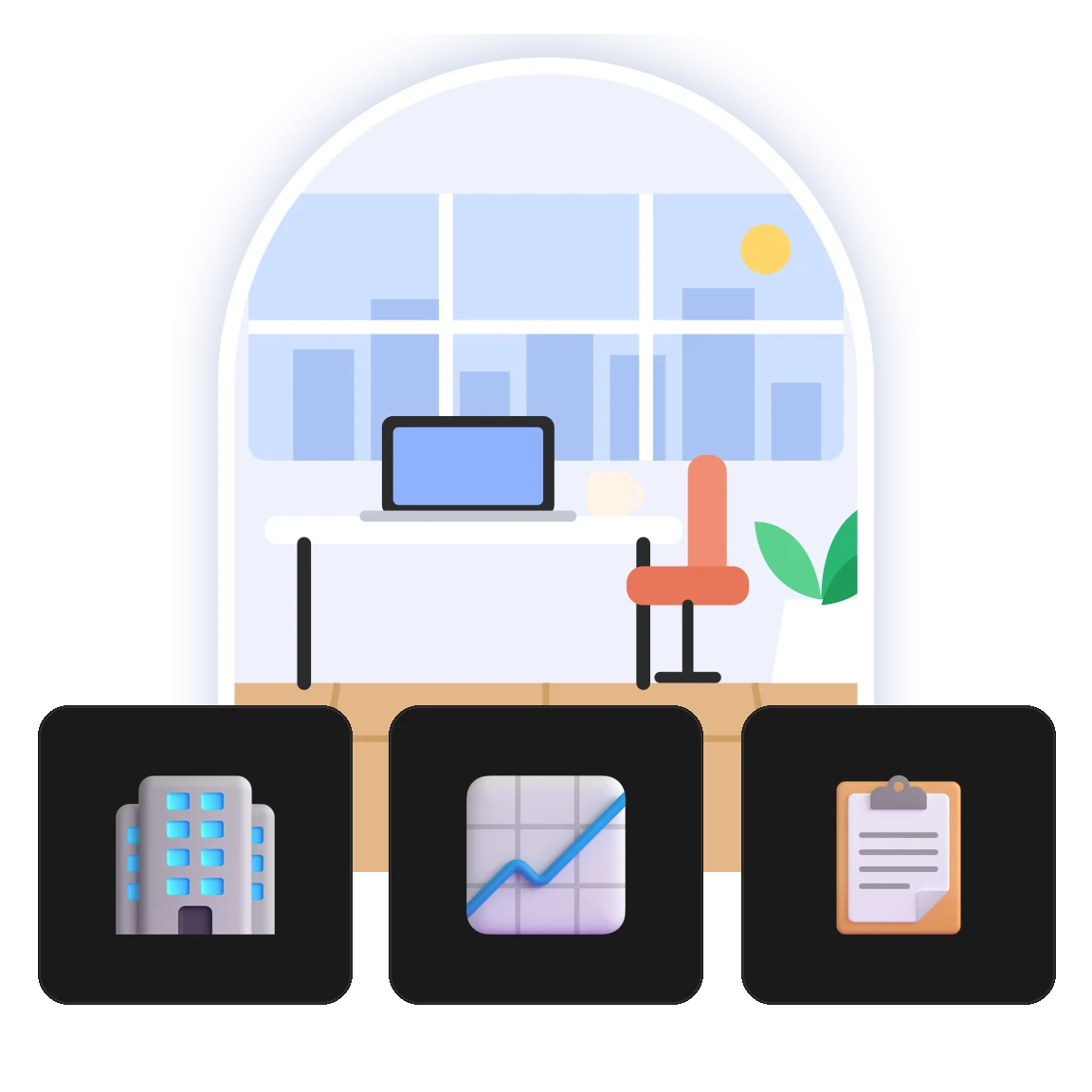A bright office, with building, chart and clipboard icons below